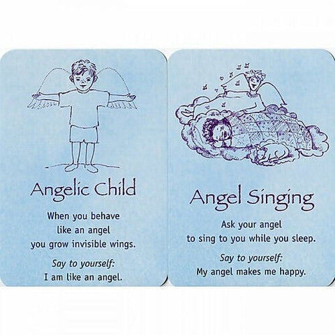 angelų kortelės, dvi šviesiai mėlynos kortelės su piešiniais ir tekstais apie elgesį („Angelic Child“) ir miegą („Angel Singing“)