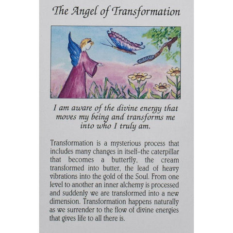 Orakulų korta Angel of Transformation su purpurine angelės iliustracija ir tekstu apie vidinę transformaciją