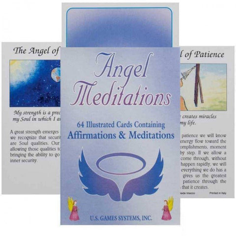 Meditacinės kortos Angel Meditations, pastelinė mėlyna dėžutė su dviem atvirais pavyzdiniais kortelėmis, 64 iliustruotos afirmacijos