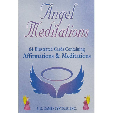 Angel Meditations kortų rinkinys — 64 iliustruotos afirmacijų ir meditacijų kortos, mėlynas viršelis su halou ir sparnais (U.S. Games)