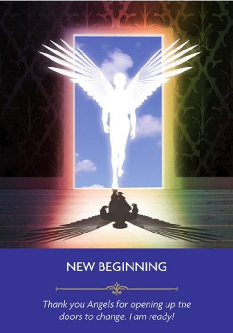 Angelų korta New Beginning — baltas sparnuotas angelas einantis pro švytinčias vaivorykštės duris ir mėlynas pranešimas apačioje