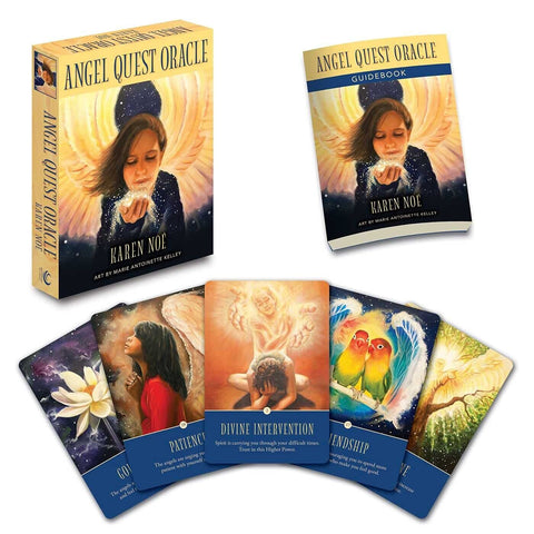 Angel Quest Oracle kortos su dėžute ir mokomąja knygute, fanuotos pavyzdinės kortos su šviesiomis iliustracijomis
