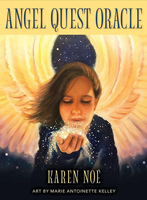 Angelų kortų rinkinys Angel Quest — Karen Noé viršelis su Marie Kelley šviesia angelės iliustracija, pūsto žvaigždžių dulksna