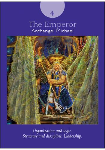 Tarot korta The Emperor (Archangel Michael), violetinis rėmas, frontalus kampas, detaliai parodyta angelų figūra ir lyderystės simbolika