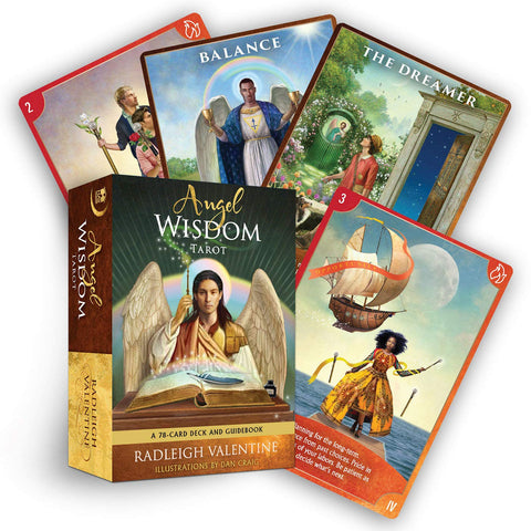 Tarot kortos Angel Wisdom – Radleigh Valentine dėžutė su 78 kortų komplektu ir keturiomis pavyzdinėmis kortomis