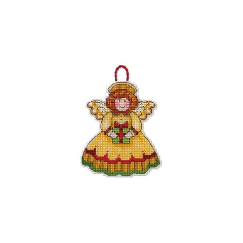 Kalėdinis pakabukas angelas, siuvinėtas kryželiu geltona suknele su raudonomis ir žaliomis detalėmis, 10×8 cm dovanų ornamentas