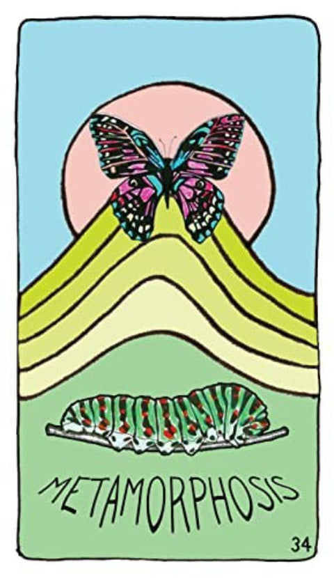 Plakatas Metamorphosis — vertikali pastelinė iliustracija su žaliu vikšru apačioje ir spalvingu drugeliu viršuje