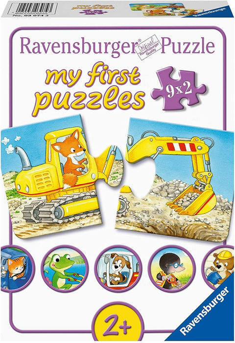Dėlionė Ravensburger 9x2, dėžutės priekis su geltonu ekskavatoriumi ir lapiuku, tinka nuo 2 metų