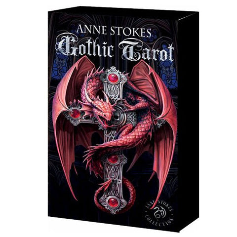 Gothic Tarot kortų dėžutė (Anne Stokes) su raudonu drakonu, apsivijusiu raudonais brangakmeniais puoštą kryžių