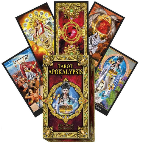 Tarot kortos Apokalypsis komplektas su aukso akcentų dėžute ir ryškiai iliustruotomis Arkana kortomis, penkios fanuotos į priekį