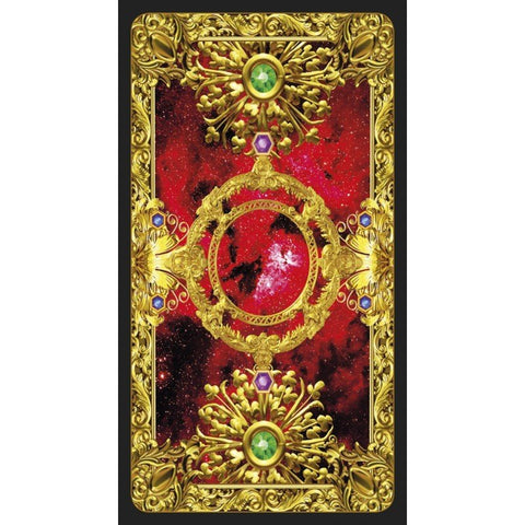 tarot korta su raudonu kosminiu fonu ir prabangiu auksiniu ornamentu, nugarinė pusė su smulkiais brangakmenių akcentais