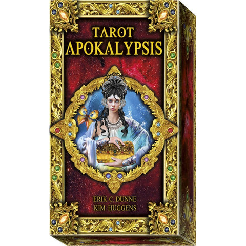 Tarot Apokalypsis kortų rinkinys – aukso-raudona dėžutė su ornamentine rėmine kompozicija ir moterimi, laikančia papuoštą skrynelę