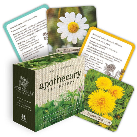 Apothecary kortelės: dėžutės rinkinys su aiškiais ramunėlių ir kiaulpienių kortelėmis, tekstūruota pakuotė ir informaciniai aprašai