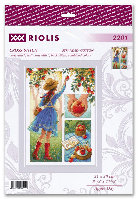 Kryželių siuvinėjimo rinkinys Riolis Apple Day, 21×30 cm, spalvotas motyvas su mergina renkančia obuolius ir krepšeliu