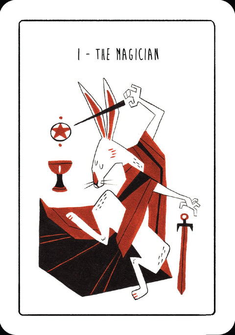 tarot korta Magas – raudonai‑juoda triušio iliustracija ant balto fono, kortos priekinis dizainas