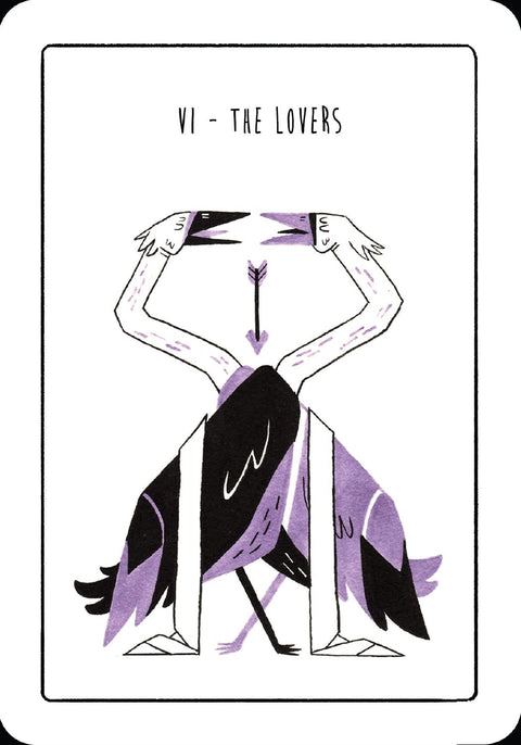 tarot korta The Lovers, purpurinė–juoda stilizuota iliustracija su dviem paukščiais ir strėle, minimalistinis frontinis kampas