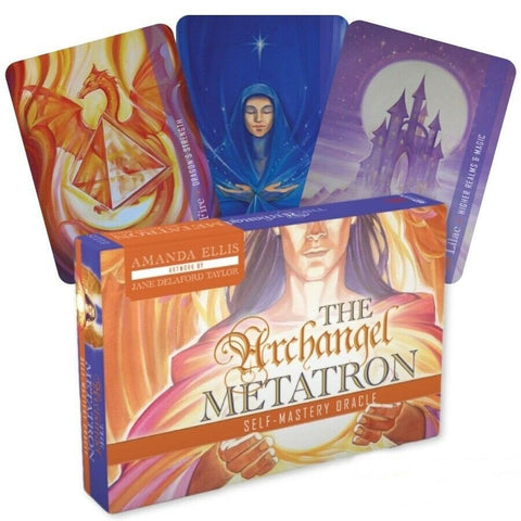 Archangel Metatron kortų rinkinys su dekoratyvia dėže ir trimis atverstomis spalvingomis kortomis, parodytas iš priekio ir šono