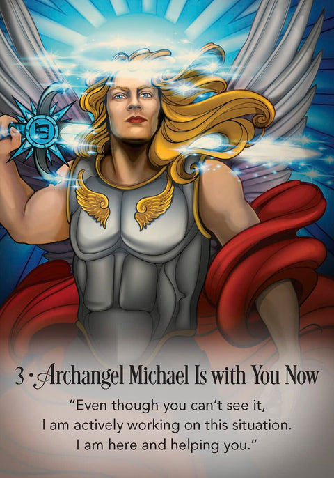 Orakulo korta Archangel Michael su geltonais plaukais, pilkais šarvais ir raudonu apsiaustu, perduodanti apsaugos žinutę
