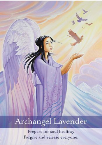 Oracle korta Archangel Lavender, lavandos spalvos angelas paleidžia paukščius, raminanti dvasinė korta