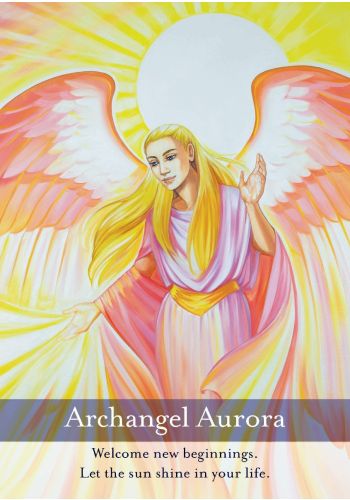 Archangel Aurora korta su rausvai auksiniais sparnais ir saulės fonu, įkvėpianti naujų pradžių užrašytu tekstu.