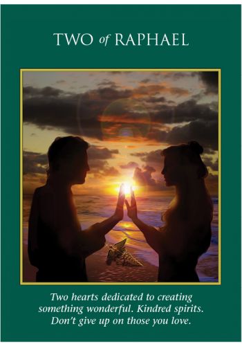 Tarot korta Two of Raphael: dvi siluetinės figūros rankomis susiliečia prie saulėlydžio, žalia rėmelio versija