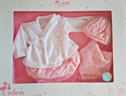 Arias 45 cm lėlių rūbai – kokybiški, tinka Reborn kūdikiams, prabangi dovanų dėžutė
