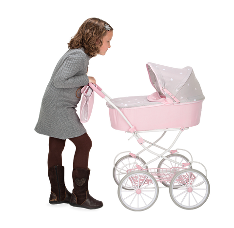 Arias Emma lėlių vežimėlis su stogeliu ir rankine, 56 cm, sulankstomas, pastelinė rožinė ir pilka