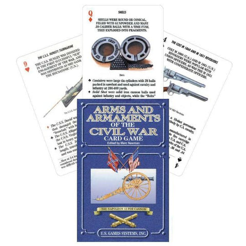 Civilinio karo kortų žaidimas Arms and Armaments su mėlyna dėžute ir trijų pavyzdžių kortų vėduokle
