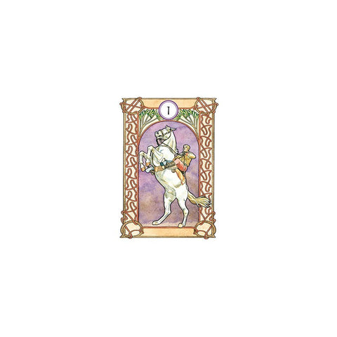 Tarot korta numeris 1 su baltu pakelta žirgu ir raiteliu ant violetinio fono ir ornamentuotu rėmeliu, priekinė kortos pusė