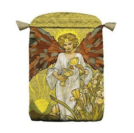 Kortelių maišelis geltonai auksinis su angelės, pilstančios taures, ornamentu, užtraukiamas raišteliu, skirtas tarot kortoms