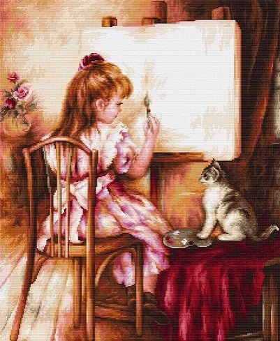 Siuvinėjimo rinkinys: jauna mergaitė dažo drobę rožinėje suknelėje su katei ant staliuko, 40×50 cm detalus variantas