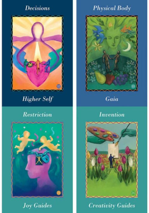 Orakulų kortų rinkinys su keturiomis spalvingomis kortomis — Higher Self (įspindinti rožinė), Gaia (žalia), Restriction (mėlyna), Invention (gėlės ir paletė)