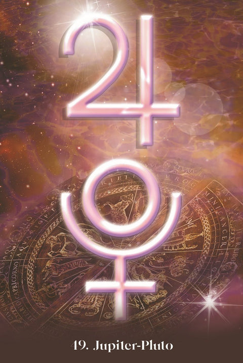 Jupiterio–Plutono korta, rožinė metalinė simbolika ant žvaigždėto astrologinio disko fono, kortos numeris 49