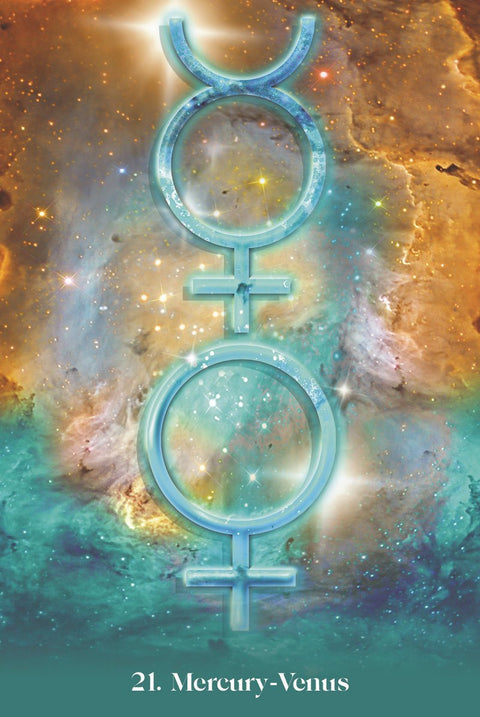 tarot korta Merkurijus–Venera, smaragdinė kosminė kompozicija su dviem planetų simboliais ir baltu numeriu 21
