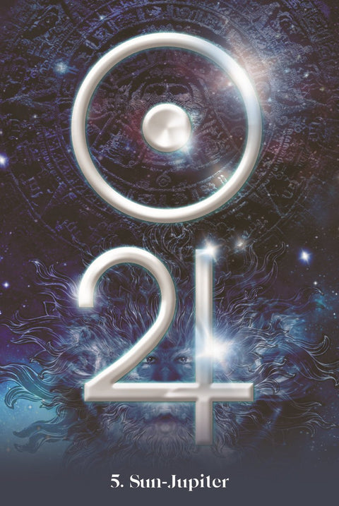 tarot korta Sun–Jupiter su dideliu sidabriniu Jupiterio simboliu ir skaičiumi 24, mėlynu kosminiu fone ir veido siluetu centre, skirtas papildyti kortų rinkinį