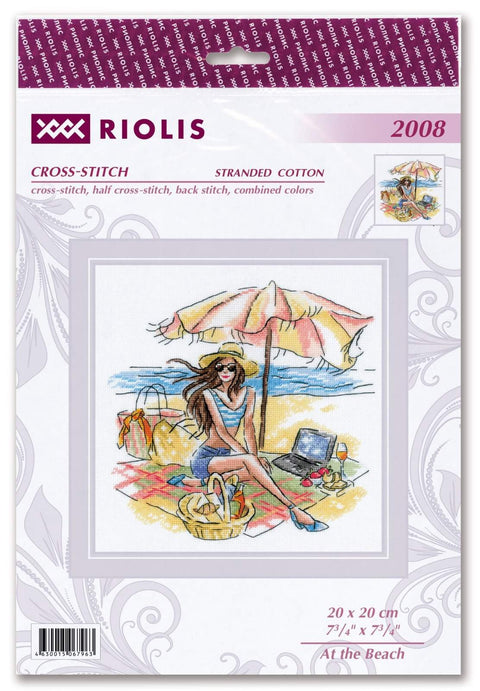 Siuvinėjimo rinkinys Riolis 20 x 20 cm su vasarišku At the Beach pliažo motyvu ant pakuotės
