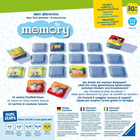 Memory žaidimas: Ravensburger minkštos 24 spalvotos gyvūnų kortelės ant balto fono, kelių kortelių priekinės pusės atidengtos