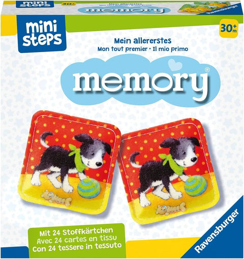 Memory žaidimas Ravensburger mini steps, 24 audinių kortelės, raudonos poros su šuniuku ir kamuoliuku, skirtas 30+ mėn.