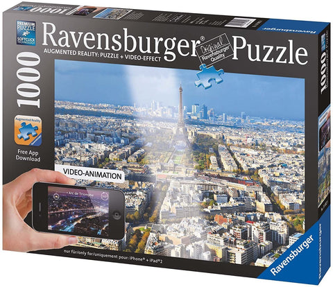 Ravensburger dėlionė 1000 detalių – Paryžiaus panorama su Eifelio bokštu, dėžutė parodyta su AR išmaniojo telefono ekrane
