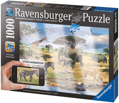 Ravensburger dėlionė 1000 dalių — pakuotės priekis su afrikietiško safari motyvu ir išmaniojo telefono AR demonstracija