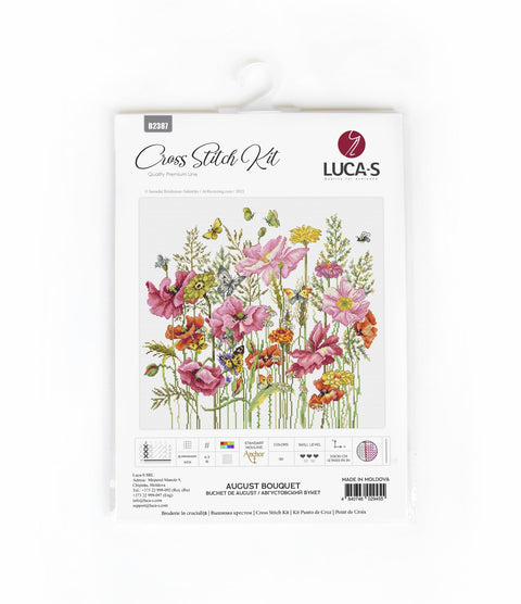 Kryželių rinkinys LUCA‑S "August Bouquet" — spalvotas laukinių gėlių raštas ant pakuotės priekinio vaizdo, 33×30 cm darbui
