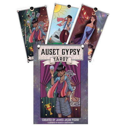 Tarot kortos Auset Gypsy: spalvingas dėklas ir trys iliustruotos kortos, demonstruojančios dizainą ir stilių