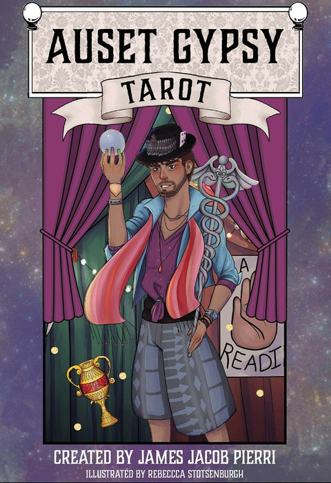 Auset Gypsy tarot kortų rinkinys su violetiniu viršeliu: su vyru būrėju, laikančiu krištolinį kamuolį ir kaducejaus simbolį