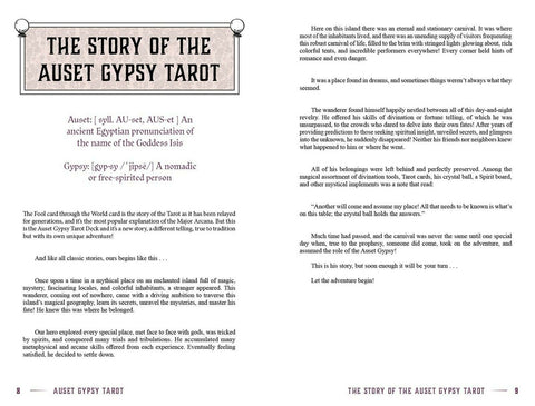Auset Gypsy Tarot knyga – dviejų puslapių pasakojimo ištrauka su dekoratyviu antraščiu, tipografija ir puslapių numeriais