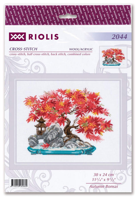 Kryželių rinkinys Riolis Autumn Bonsai, raudonų ir geltonų spalvų, 30×24 cm, pakuotės priekis su siuvinio dizainu