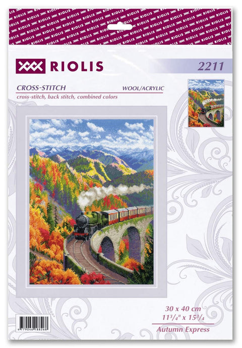 Kryželių rinkinys Riolis "Autumn Express" 30x40 cm — pakuotės priekinė dalis su traukiniu per akveduką