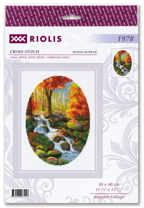 Kryželių rinkinys Riolis 30×40 cm – ovalus rudens upelio motyvas su krentančiais lapais ir kaskada akmenų