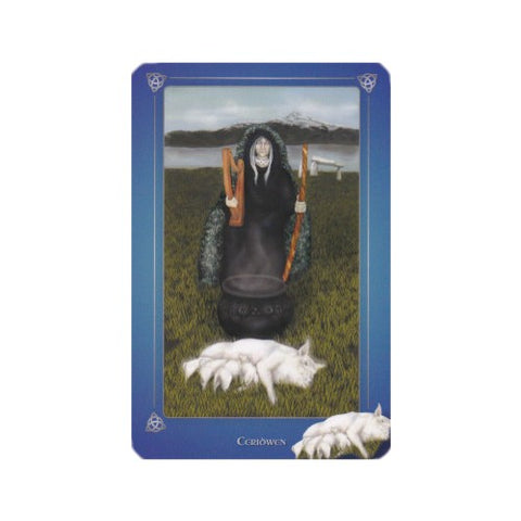 tarot korta Ceridwen, vertikalus priekis su mėlynu rėmu, ragana prie karsčio katilo ir miegančiais baltais vilkais