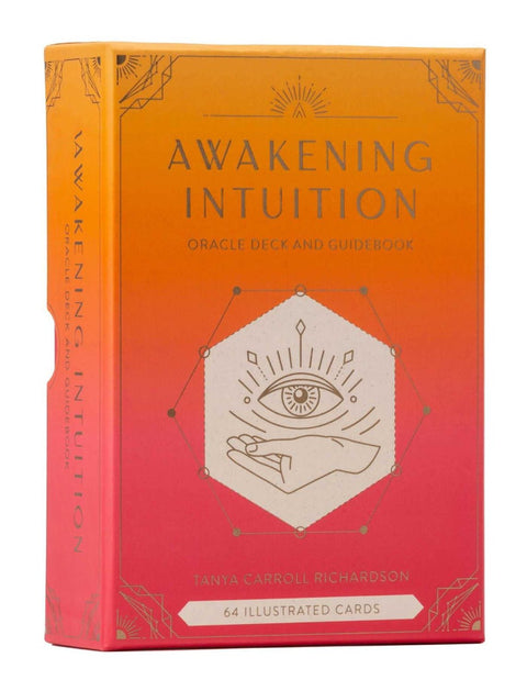 Orakulo kortų rinkinys Awakening Intuition, oranžinė–raudona dėžutė su akių ir rankos piešiniu, 64 iliustruotos kortos
