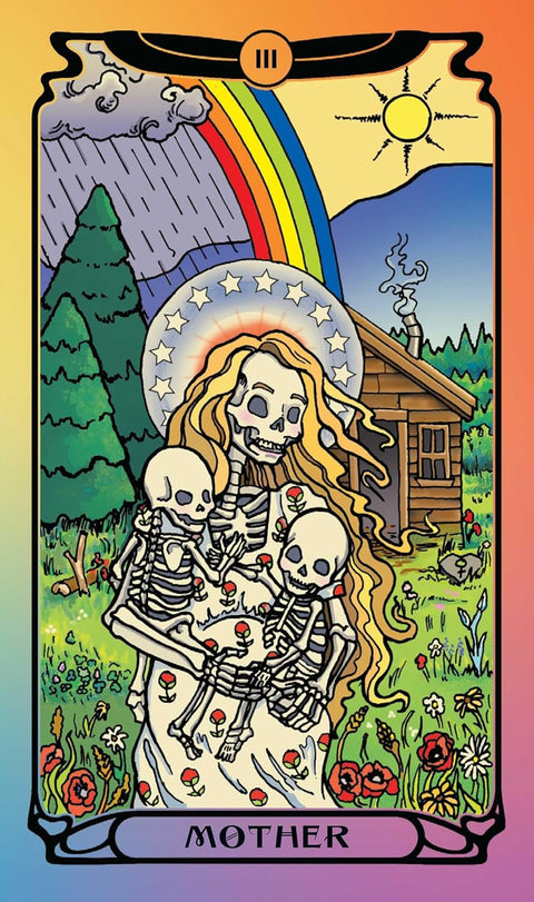 tarot korta Mother, spalvinga vertikali iliustracija: skeletas motina su dviem vaikais prieš medinį namelį ir vaivorykštę